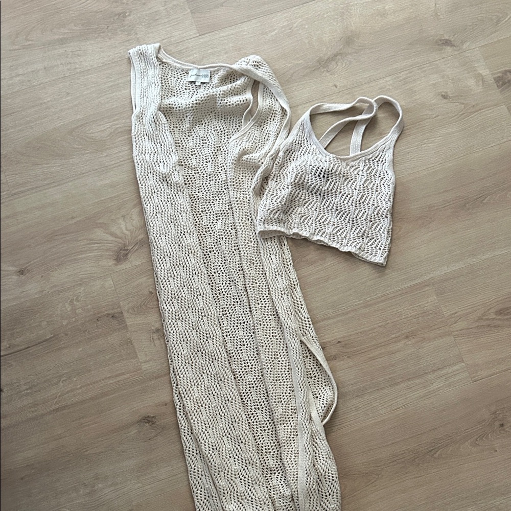 Freshman1996 Open Knit Crochet Cardigan Duster and Crop Top